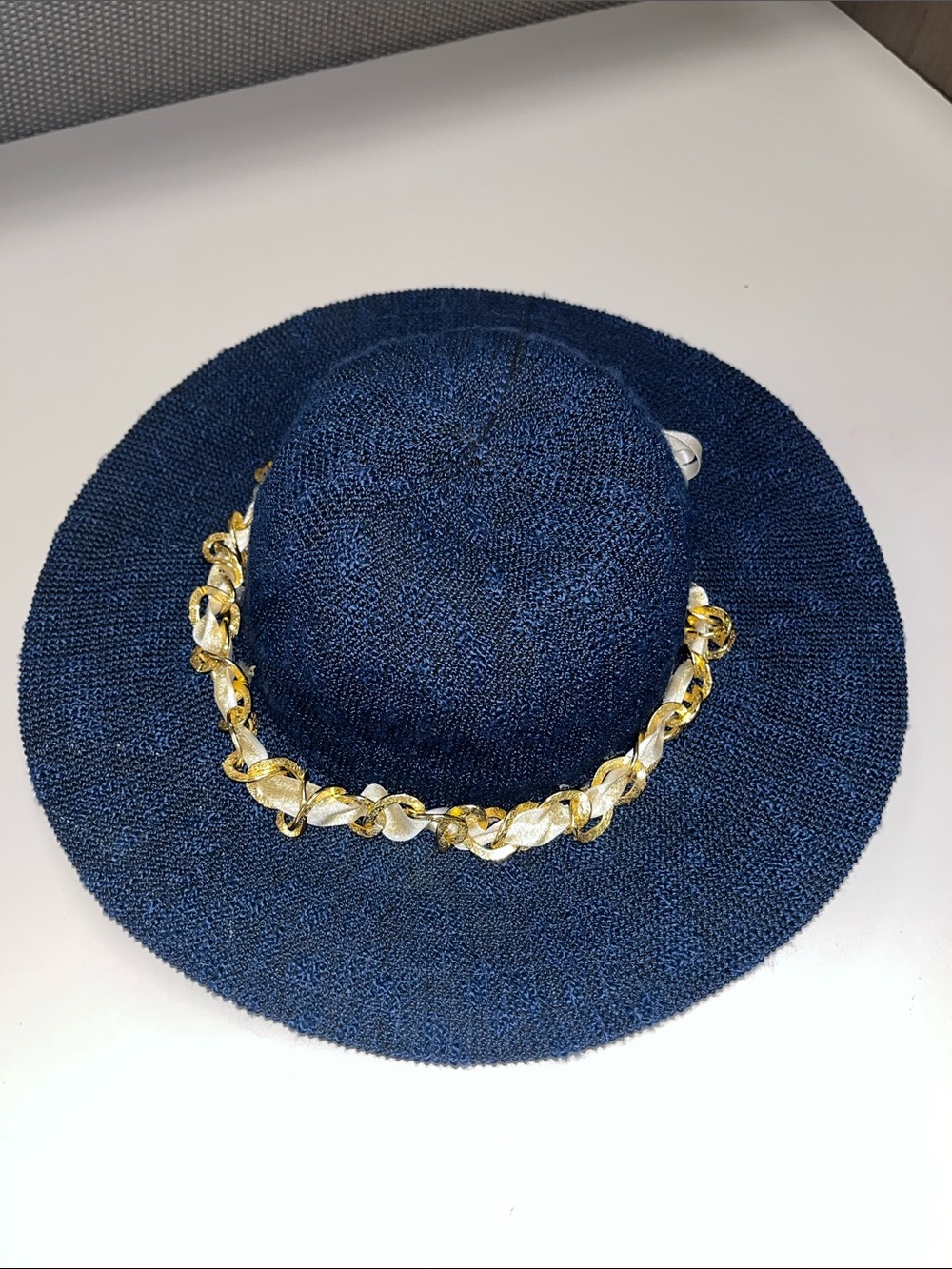 Marcus Adler Women’s Navy Straw like Wide-Brim Hat Gold Chain Trim